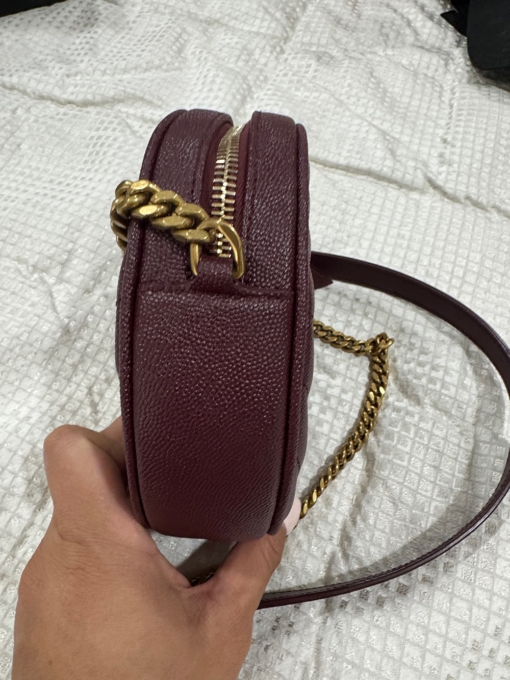 Saint Laurent Wine Quilted Round Crossbody with Gold YSL Chain - Picture 8 of 13
